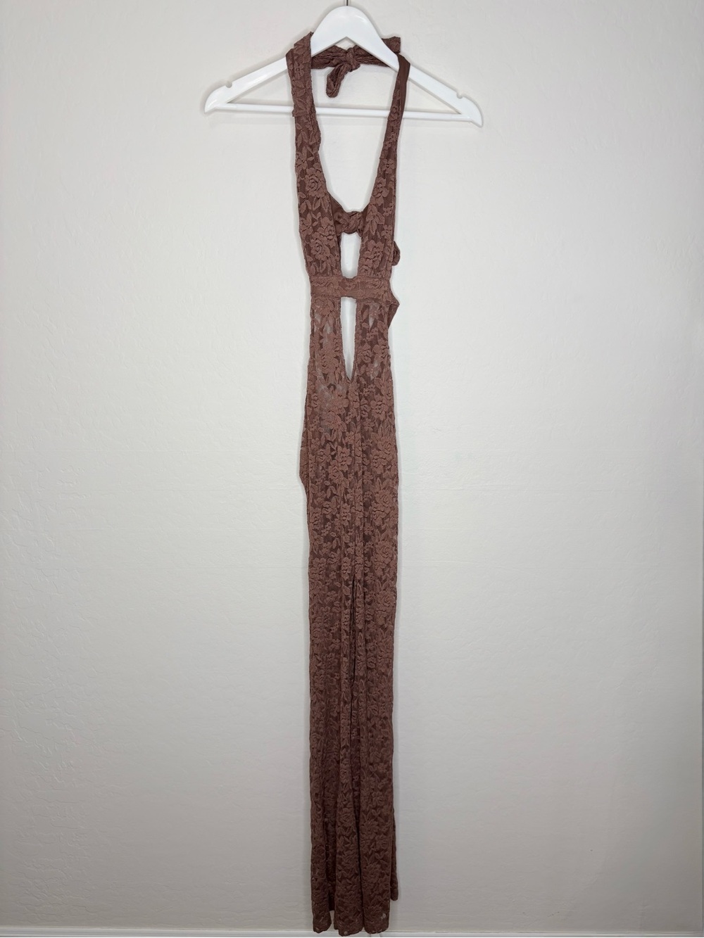 Outcast Lace Flare Jumpsuit Brown XS Halter Cutout Sheer Festival Outfit - Picture 2 of 8